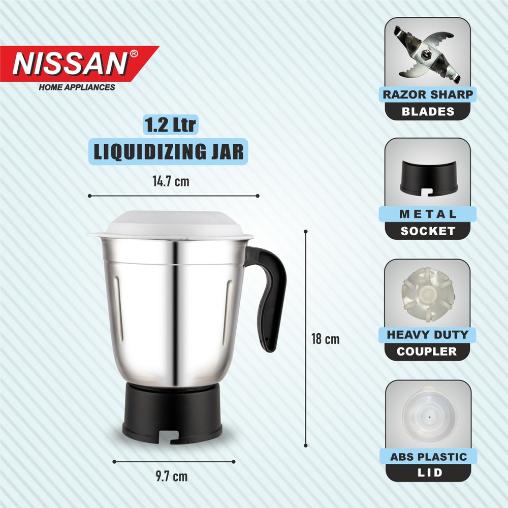 NISSAN HOME APPLIANCES 1200ML Stainless Steel Juicer Mixer Grinder Jar with Handle & Lid | Heavy Duty Replacement Mixie Jar for Juicing, Blending & Grinding | Compatible with Most Mixer Grinders